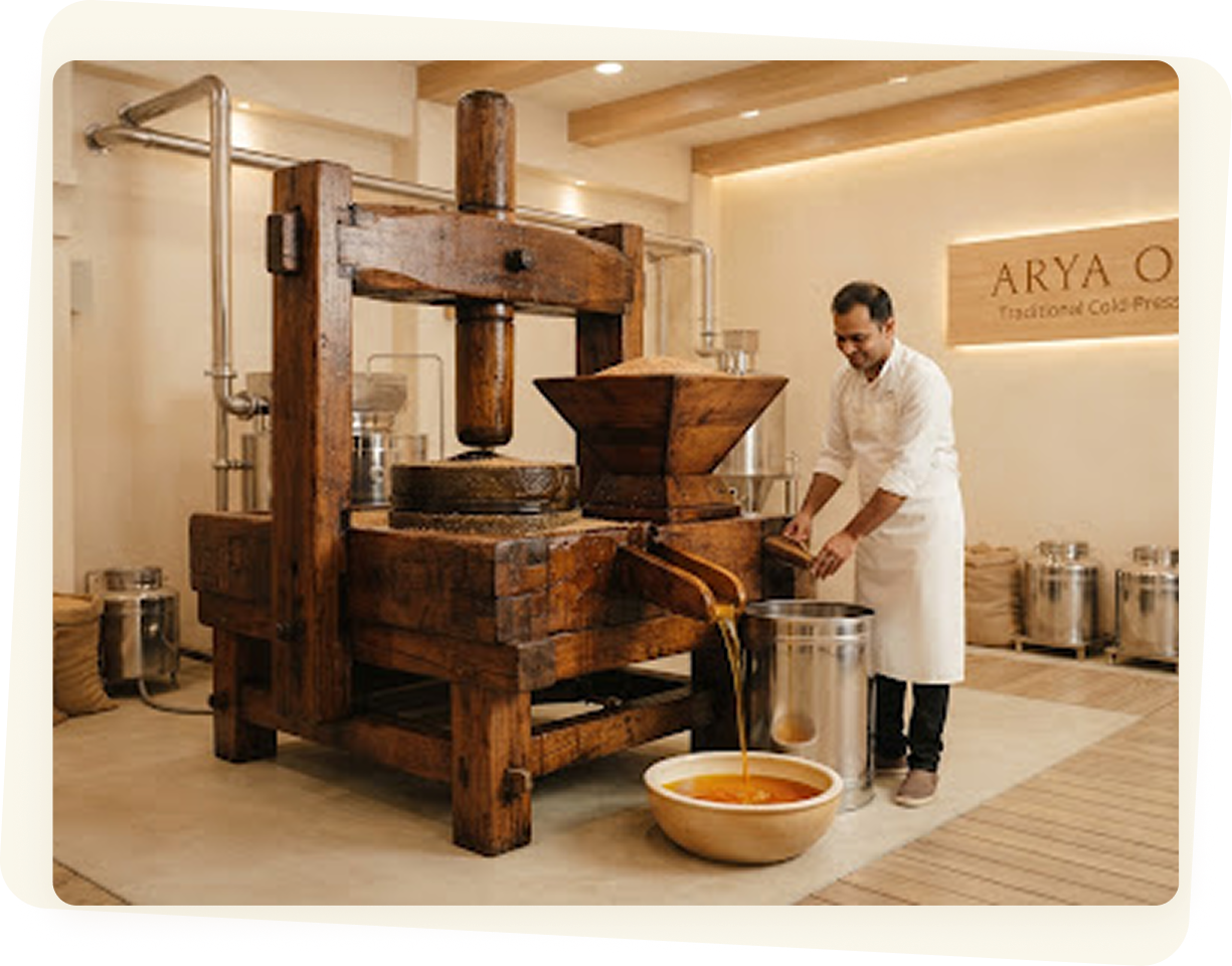 Traditional oil mill press in operation